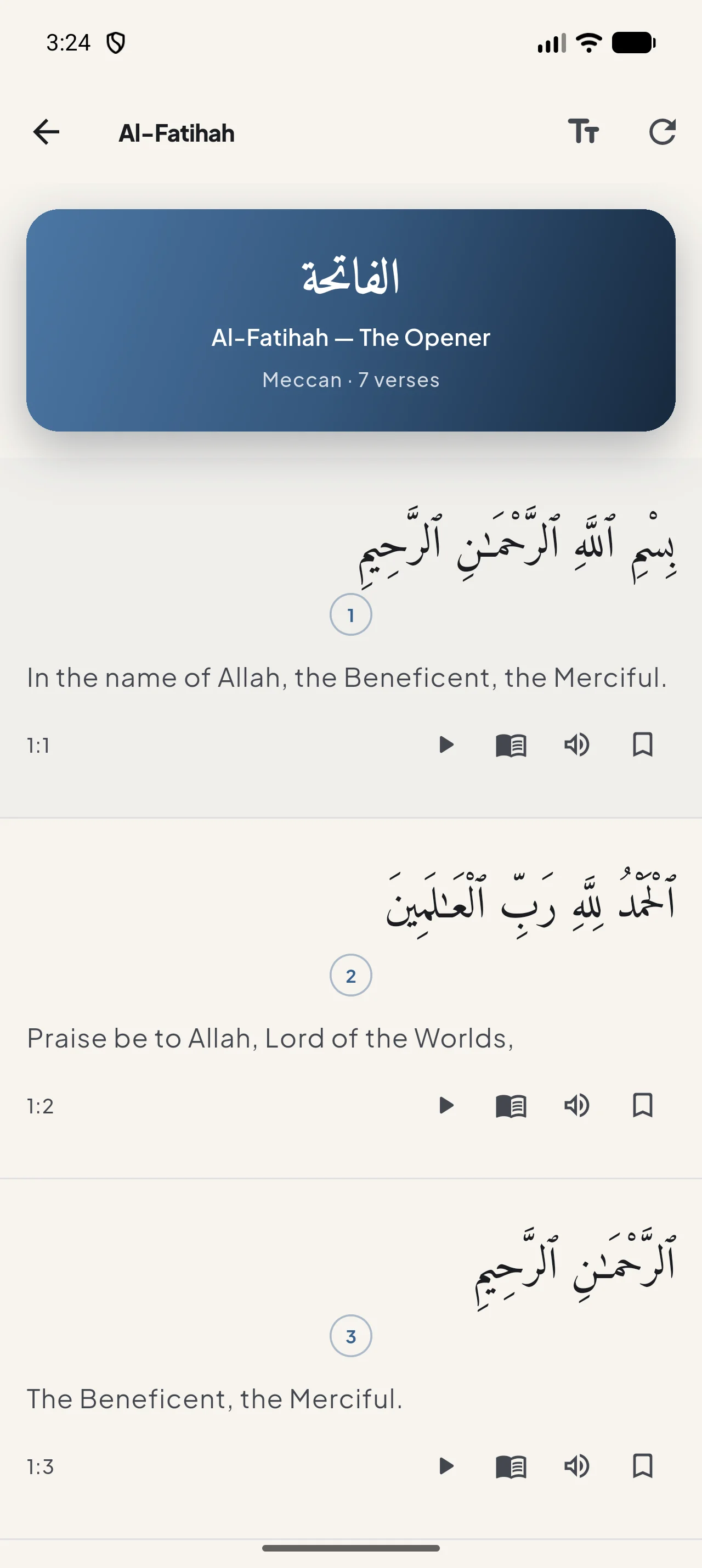 Safa Quran reader showing a clean reading view for Al-Fatihah.
